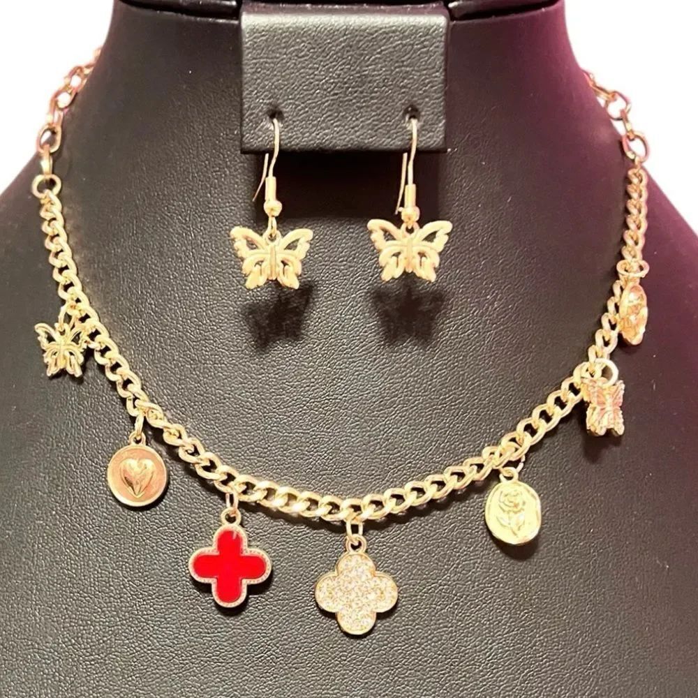 Gold Tone Red And Crystal Clover Butterfly Heart Charm Necklace and Earring Set